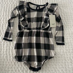 SOLD!!! NWT Kyte Baby Long Sleeve Black Buffalo Plaid Ruffle Bubble Bodysuit 2T